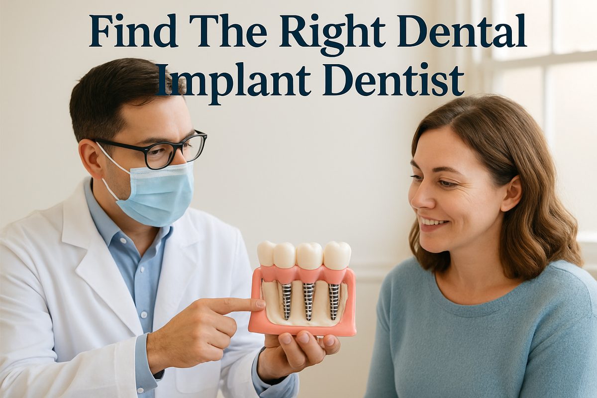 A dentist is consulting with a patient, pointing to a 3D model of dental implants in a jaw. The text on the image says, "Find The Right Dental Implant Dentist".