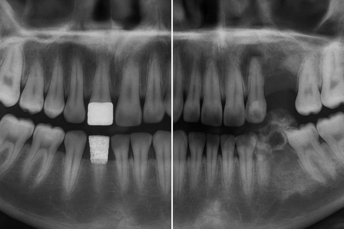 An x-ray of a jaw with a dental bone graft, highlighting a successful integration, contrasted with another x-ray showing a complication such as infection or graft failure. No text on image.