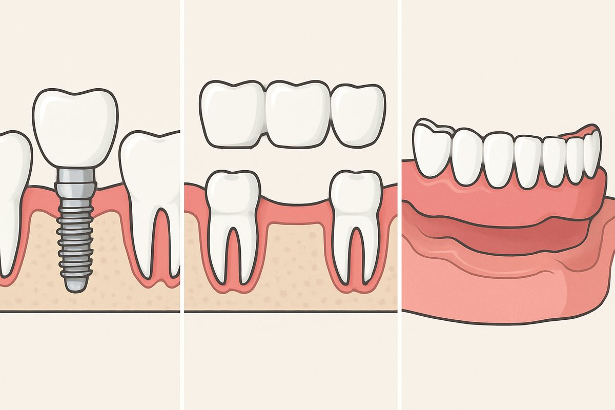 A side-by-side comparison of three illustrated tooth replacement options: a dental implant, a dental bridge, and dentures, highlighted to show the key differences in structure and placement. No text on the image.