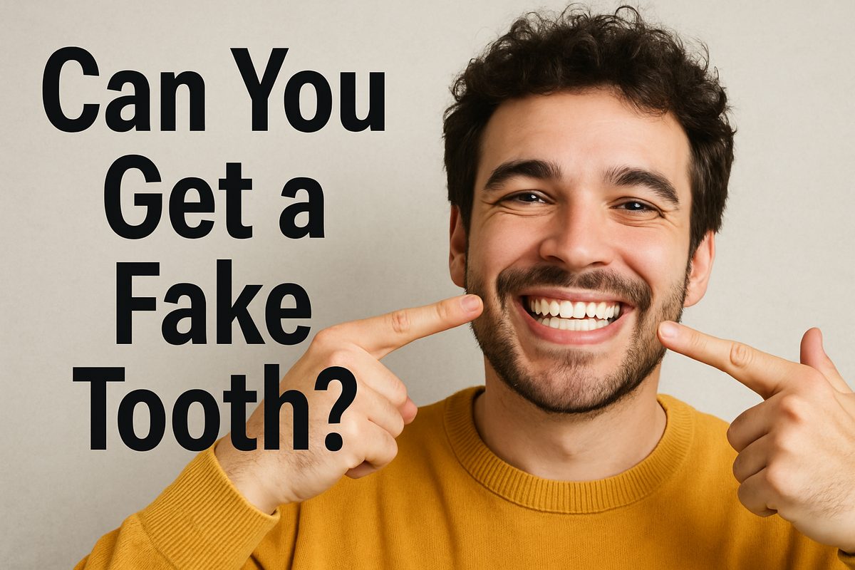 A person happily pointing to their smile with a full set of teeth. Text on the image reads "Can You Get a Fake Tooth?"