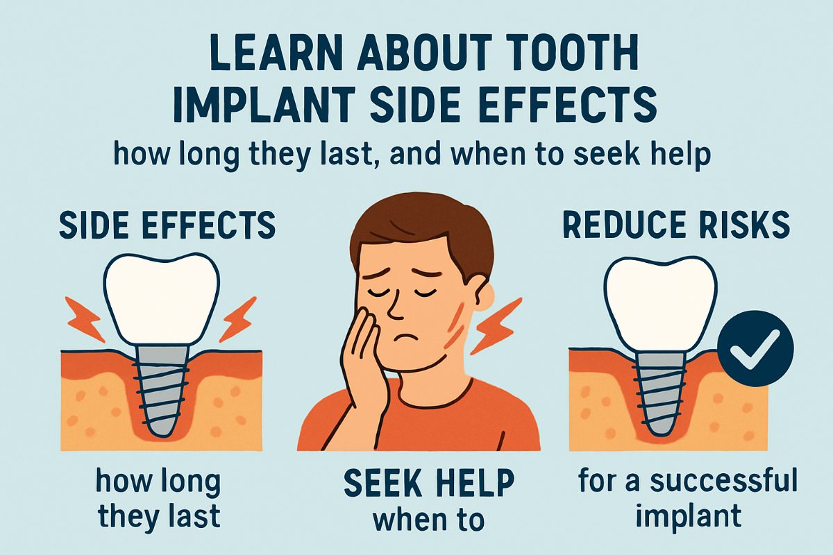 A person in a dental office is pointing to a 3D model of a tooth implant, while a dentist is beside them. No text on the image.