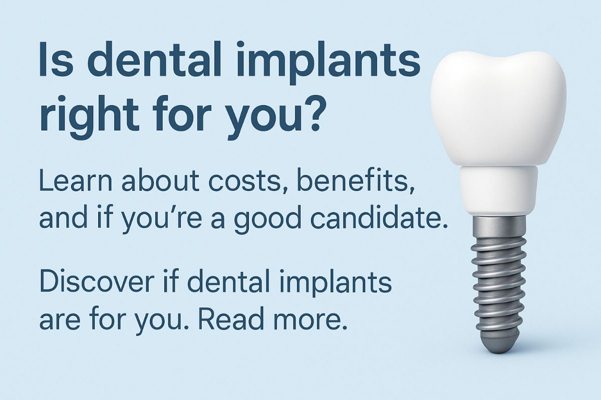 A dentist is pointing to a digital x-ray on a computer screen, explaining the dental implant procedure to a patient in a modern dental office. No text on the image.