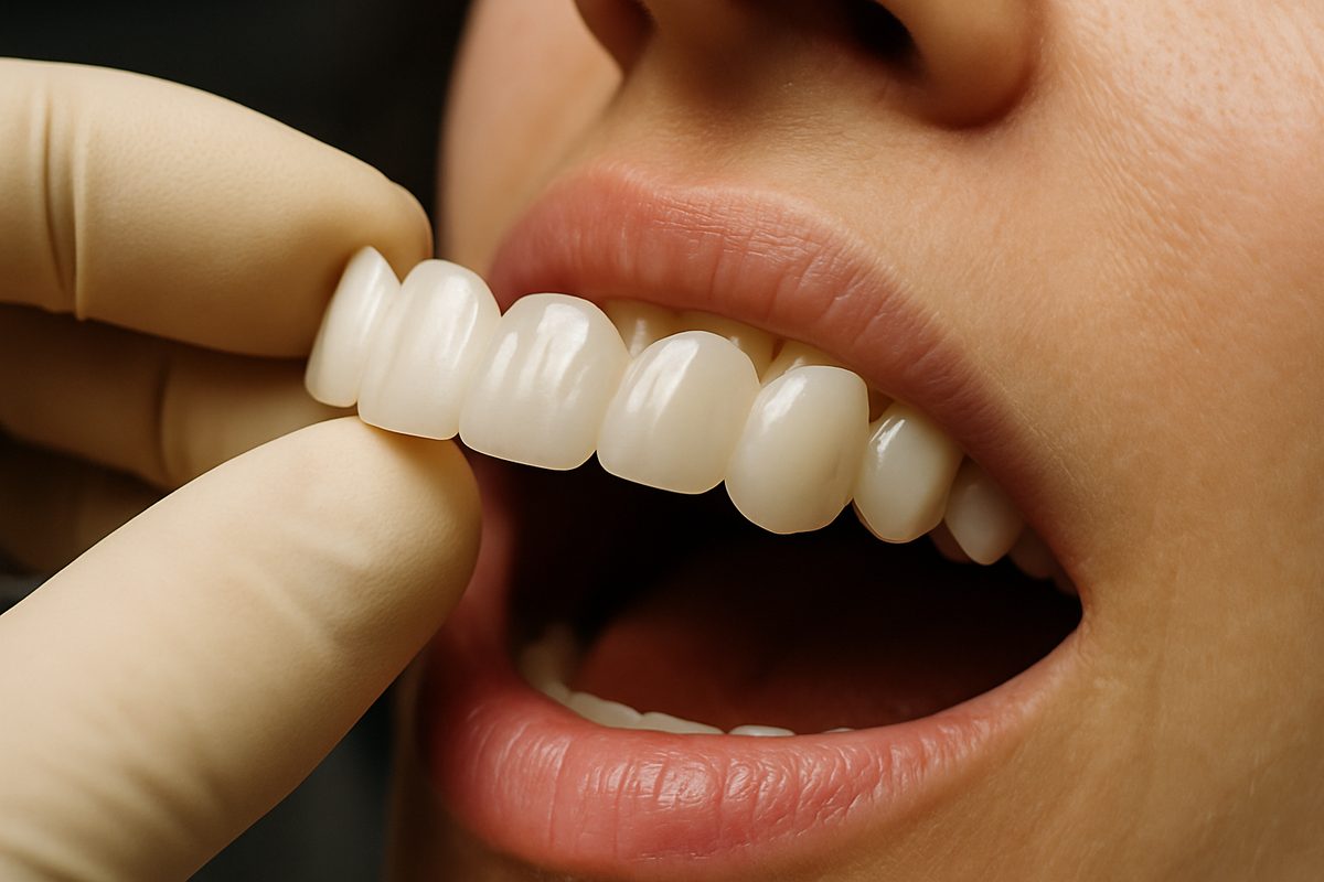 Close up image of fake teeth inserts being placed into a patient's mouth. The teeth inserts look realistic and natural. No text on image.