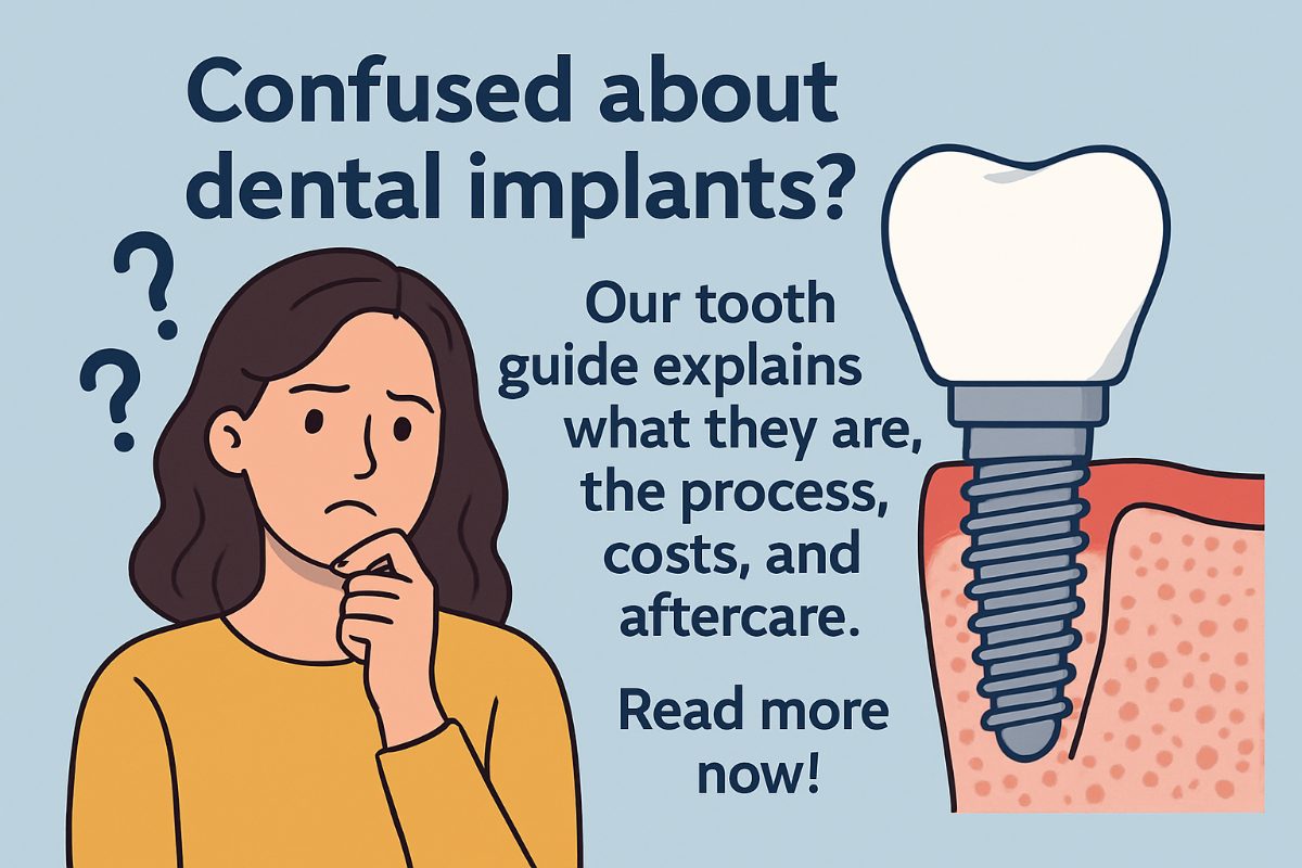 Image of a tooth guide infographic, including sections on costs, process, and types of implants. No text on the image.