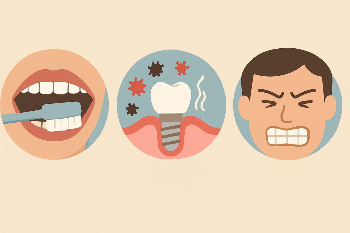 An infographic showing the causes of dental implant failure, including poor oral hygiene, infection, and bruxism. No text on the image.