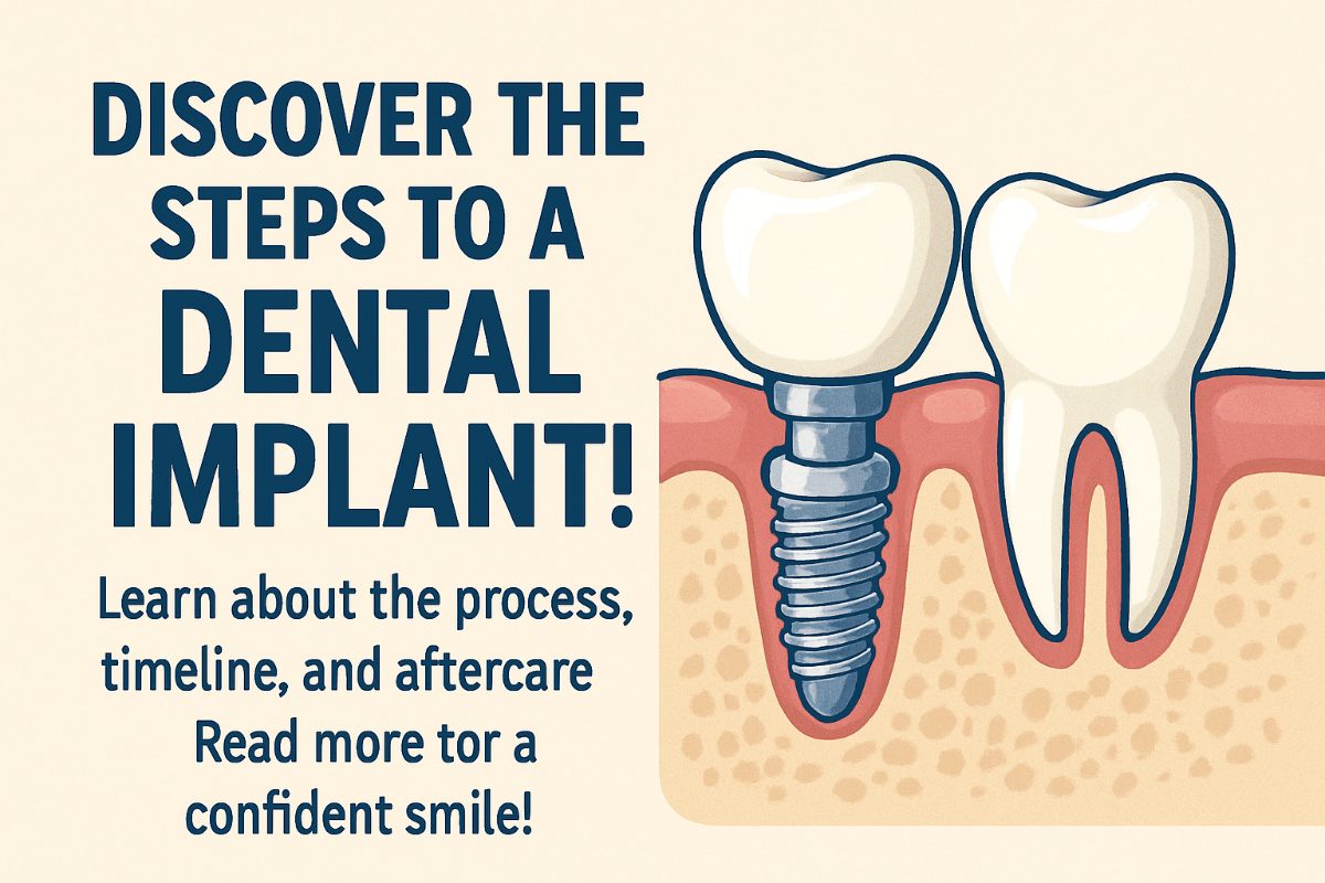 A step-by-step visual guide illustrating the "steps to a dental implant" process, from initial consultation and implant placement to abutment attachment and final crown placement. The image should contain 5 numbered steps with corresponding images. No text on the image.