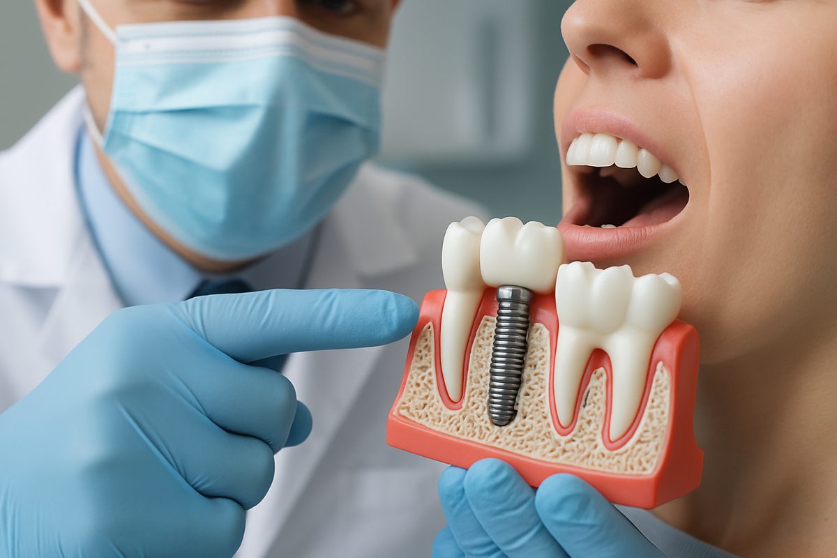 Close up image of a dentist pointing to a titanium dental implant integrated into a patient's jaw bone, highlighting its stability and longevity. No text on the image.