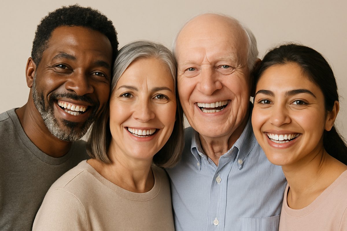 A diverse group of smiling people, showcasing the transformative results of various dental replacements such as implants, bridges, and dentures. No text on the image.