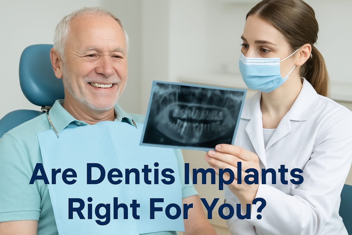 Image of a smiling, older male patient in a dental chair, post-surgery. The dentist is a young woman, holding an x-ray that shows a successfully implanted "dentis implant" in the patient's lower jaw. Text on image says "Are Dentis Implants Right For You?"