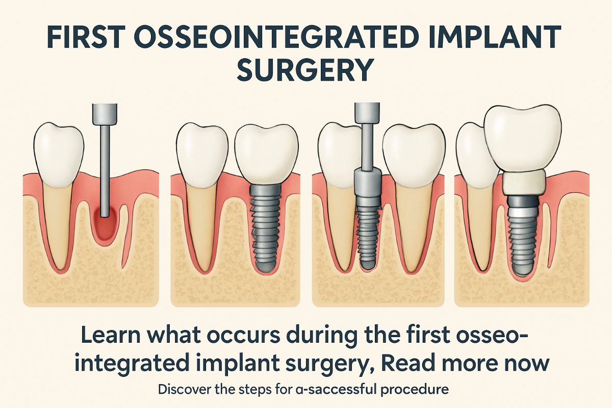 Image depicting the step-by-step process of an osseointegrated implant surgery with a focus on the drilling and implant placement stage. The image should show a close-up of a dental surgeon carefully inserting a titanium post into the prepared site in the jawbone. No text on the image.
