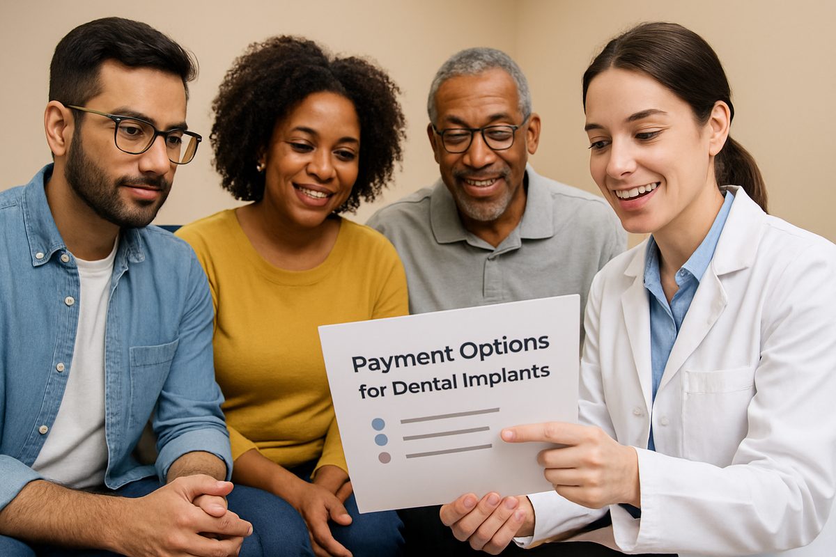 A diverse group of patients is sitting in a dental office consult, reviewing payment options for dental implants with a friendly dentist.