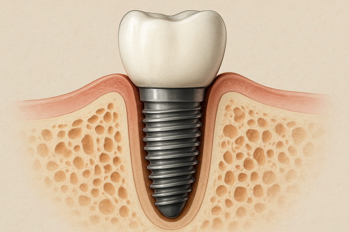 A close-up cross-section of an endosteal implant integrated into the jawbone, showing the titanium post, surrounding bone, and attached crown. No text on image.