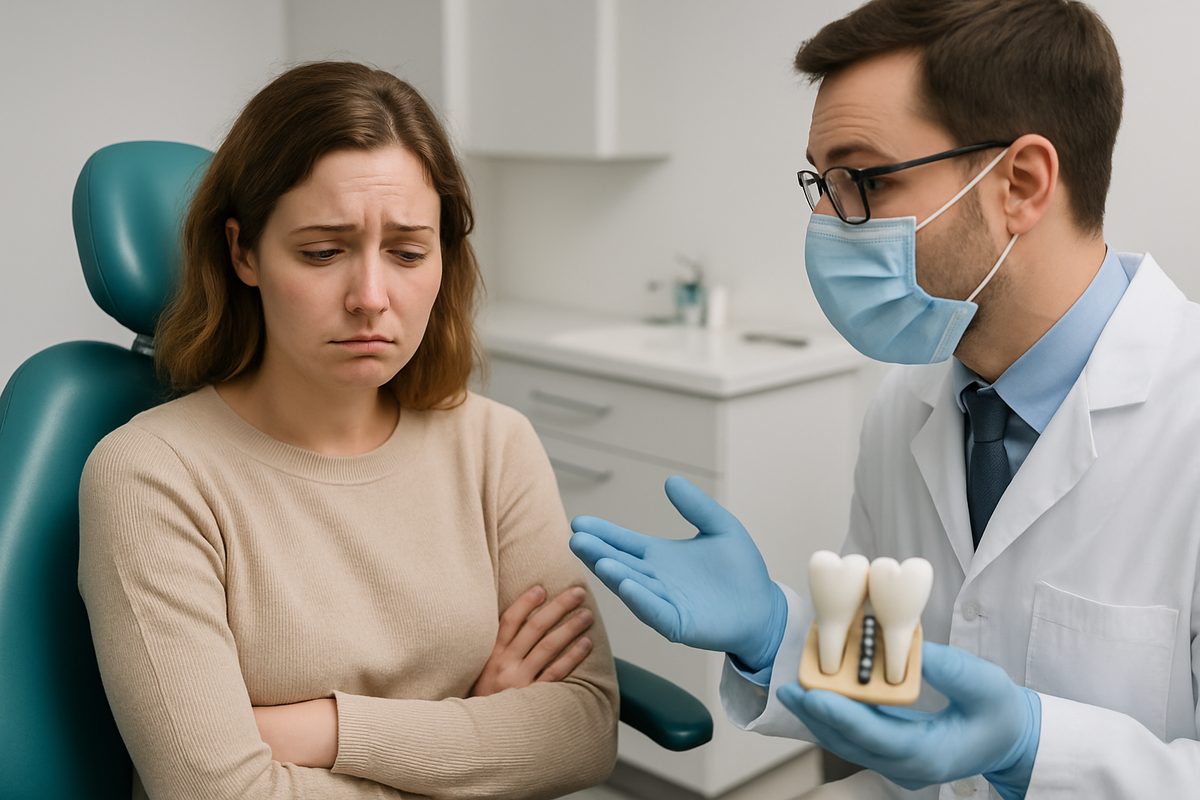 Worried patient sitting in a dental chair looking dejected as a dentist explains why they "do not get dental implants." No text on image.