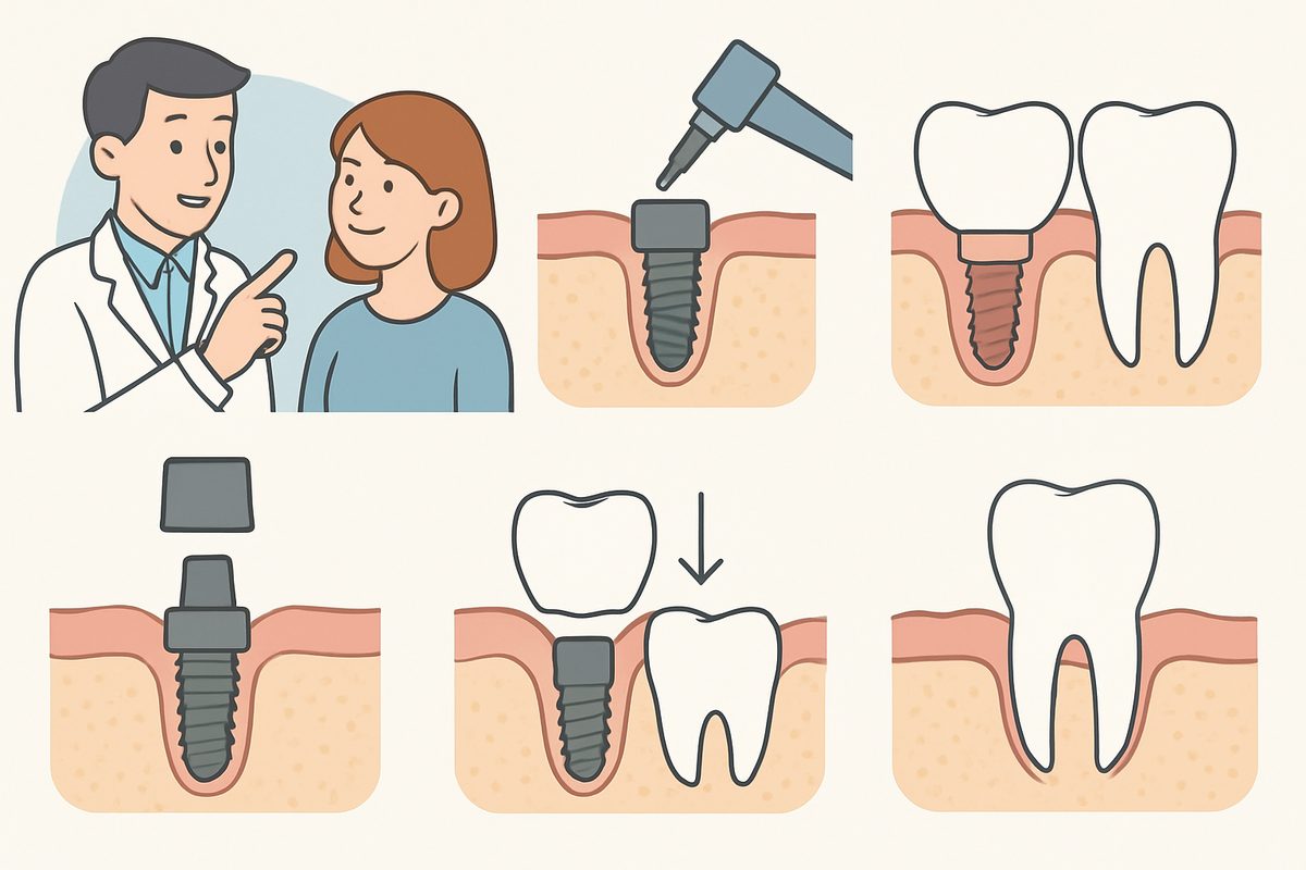 An animated diagram illustrates the key "teeth implant steps" including initial consultation, implant placement, healing, abutment placement, and final crown attachment. No text on image.