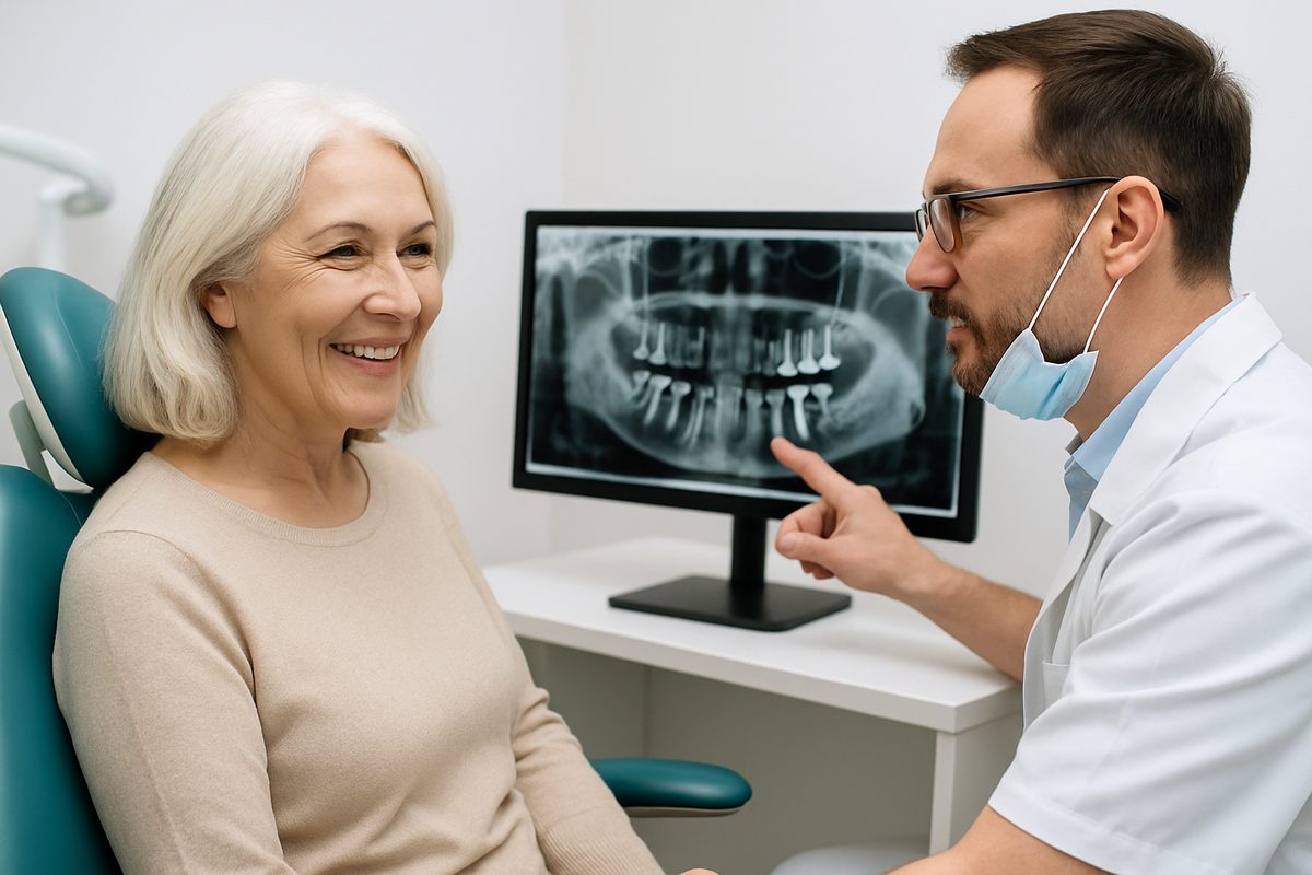 A smiling mature woman is sitting in a modern dental chair, consulting with a dentist about dental implant options, both looking at a digital x-ray on a computer screen. No text on the image.