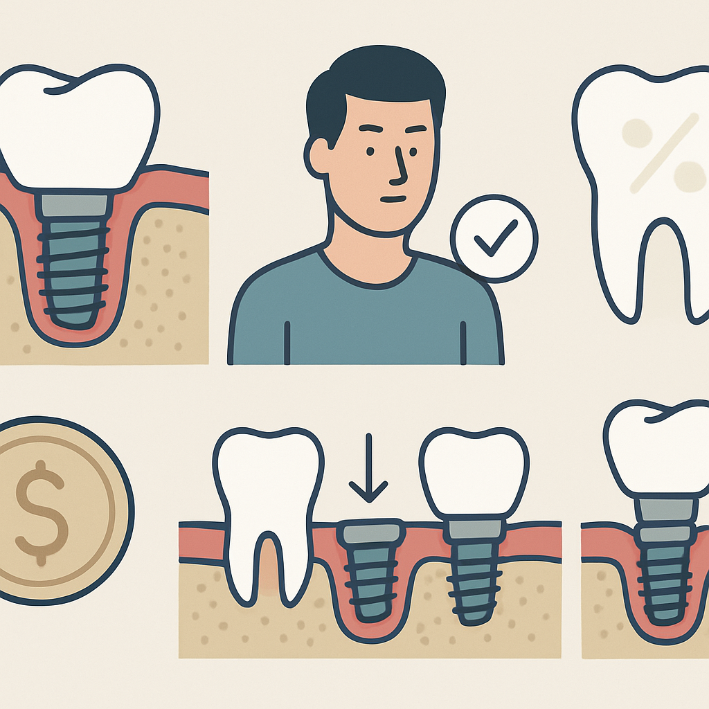 Infographic titled "Dental Implant Facts," showcasing key information such as implant components, candidacy requirements, success rates, cost considerations, and the procedure steps. No Text on the Image.