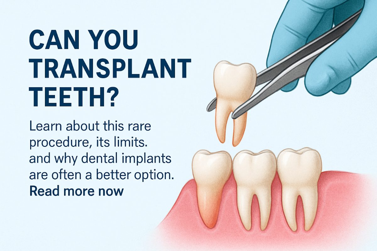 Illustration depicting a dentist carefully transplanting a tooth between two points in a patient's mouth, with an implant placed in the background to represent the alternative. No text on the image.