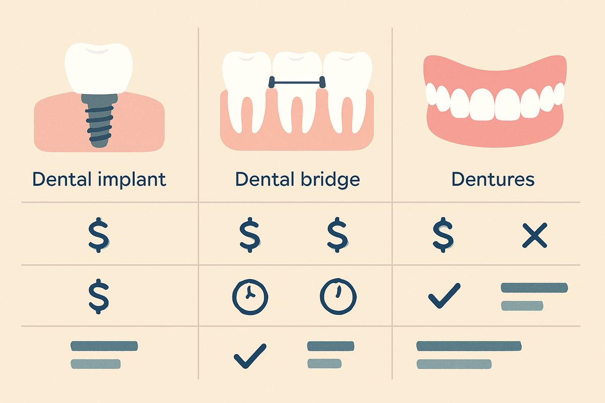 An infographic comparing three tooth replacement options: a dental implant, a dental bridge, and dentures. The graphic compares on price, longevity, and other considerations for patients. No text on the image.