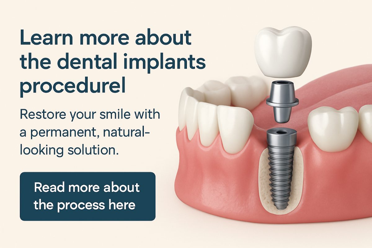 An image depicting a dentist in a surgical setting performing a dental implant procedure on a patient, with close-up detail on the placement of the titanium post into the jawbone. No text on image.