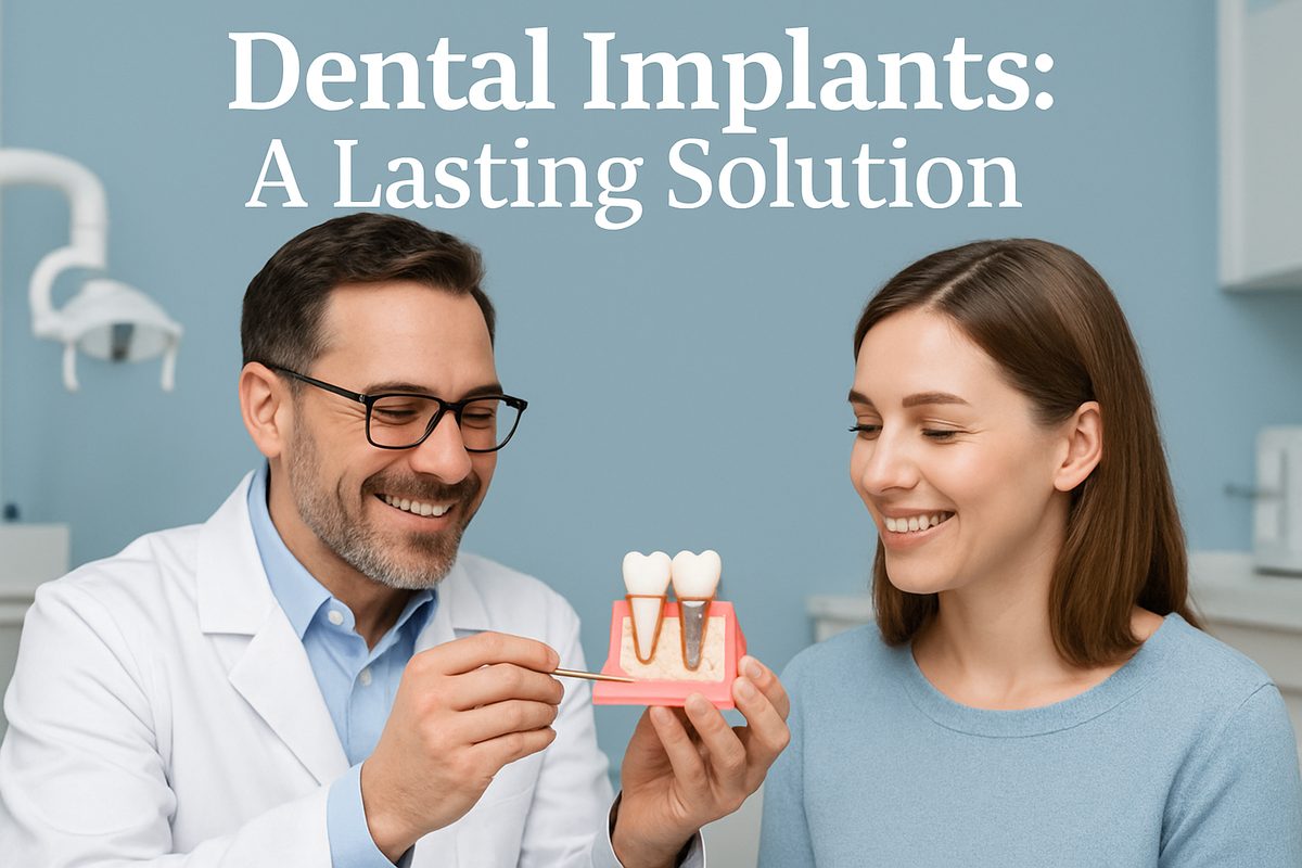 A friendly dentist is consulting with a patient about dental implant options, using a model to explain the procedure. The text on the image should read "Dental Implants: A Lasting Solution".