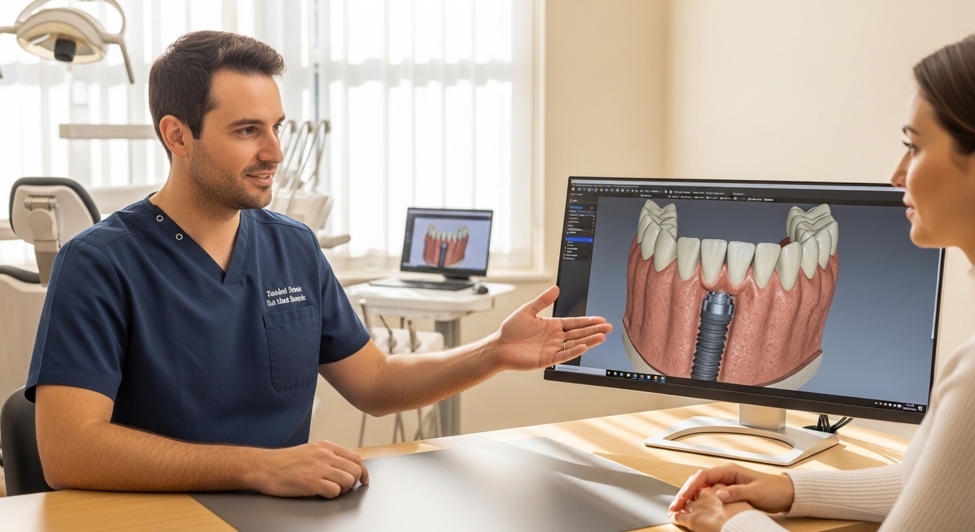 Patient consultation in modern dental office discussing dental implants