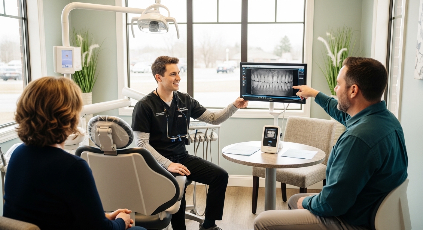 Dentist consulting a family in a modern dental office.