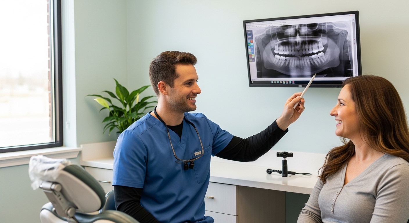 A friendly dentist consulting with a patient in a modern dental clinic setting