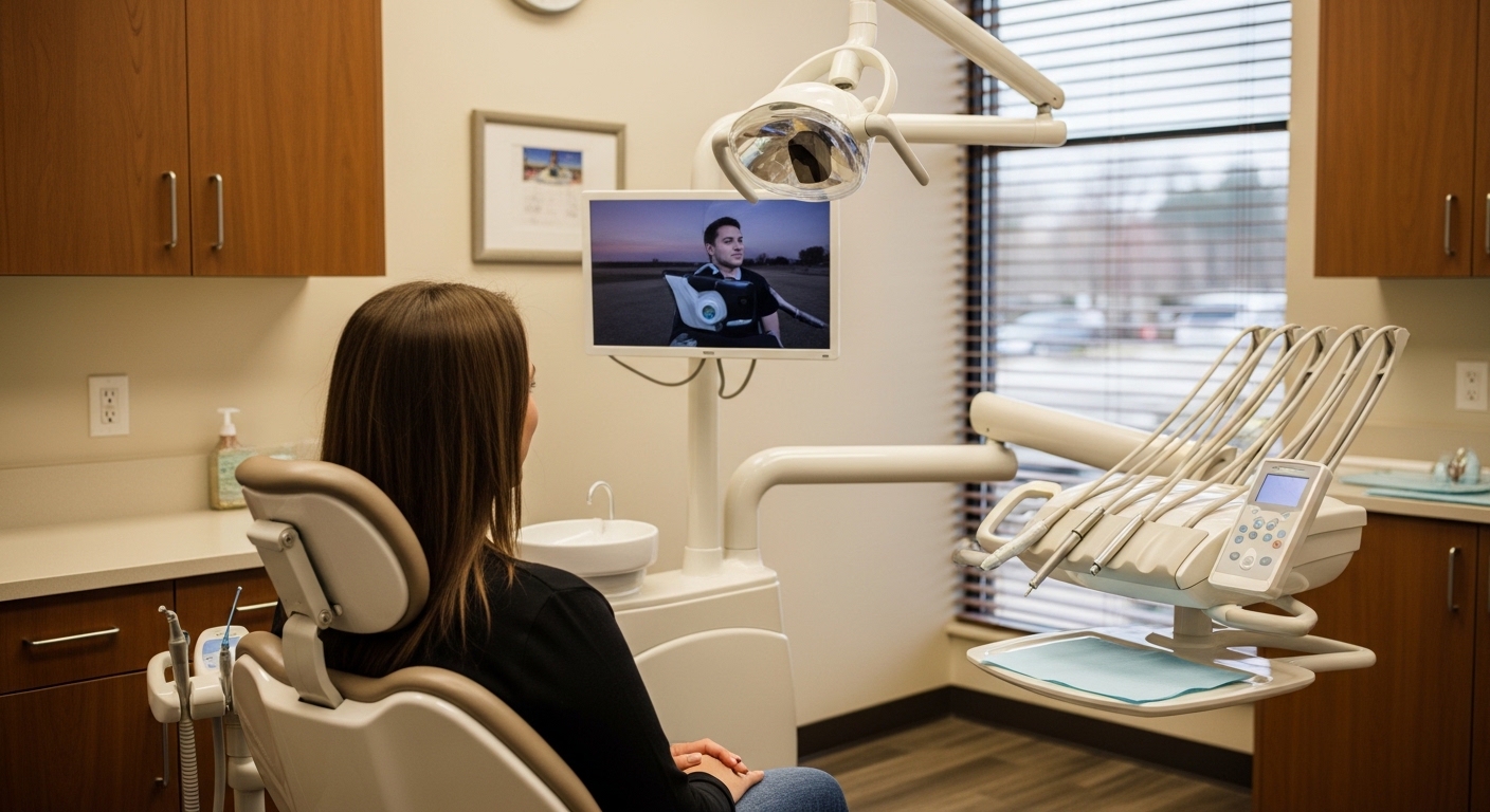 A patient consulting with a dentist about dental implants in a clean, modern dental office.