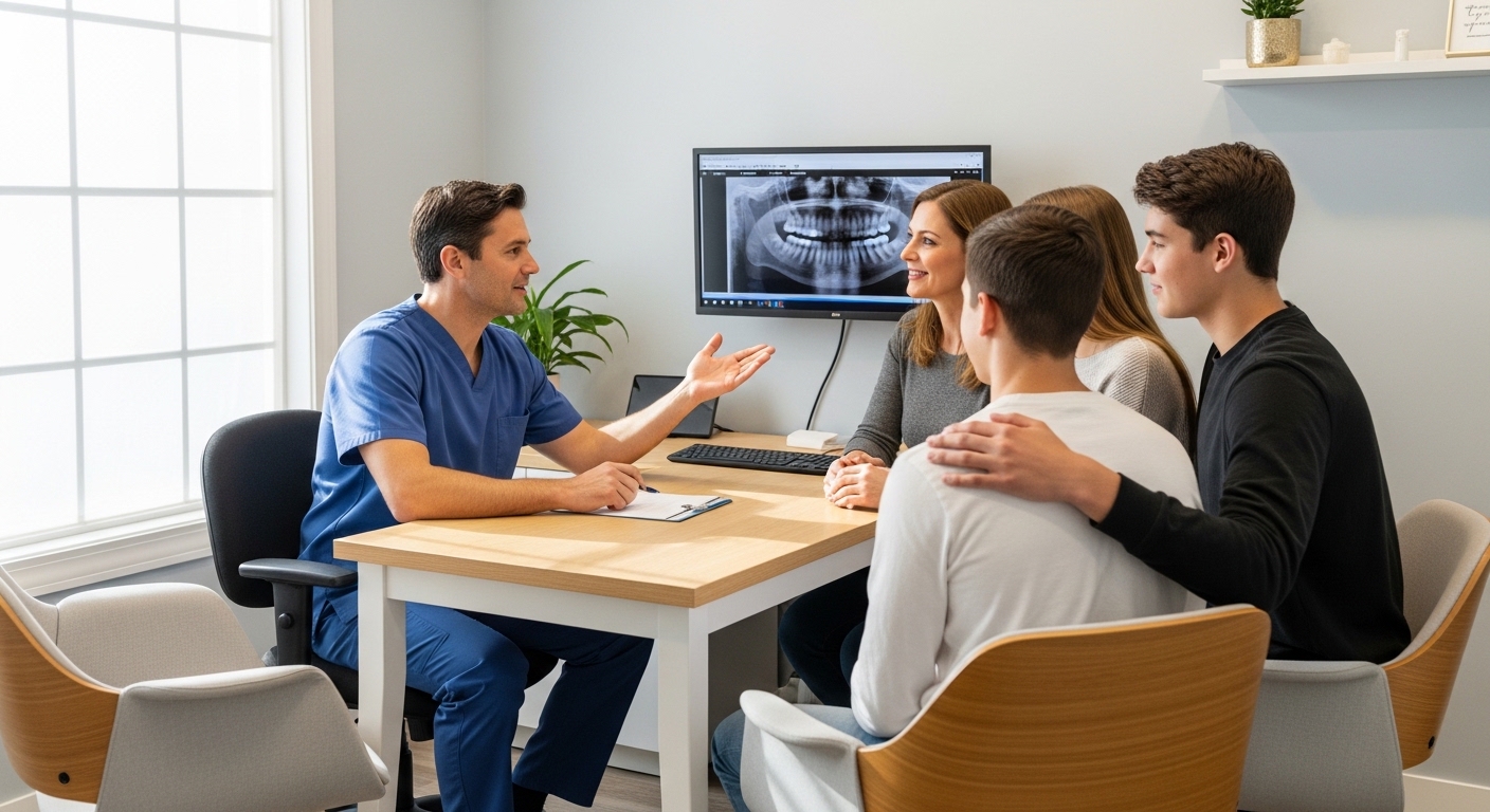Dentist consulting with a family in a modern dental office