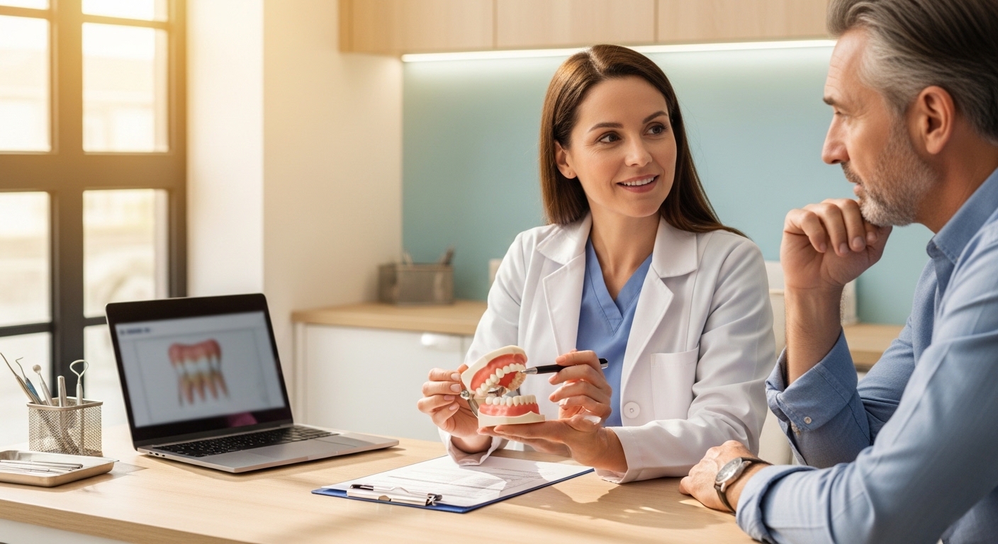 Patient consulting with a dentist about tooth sensitivity treatments