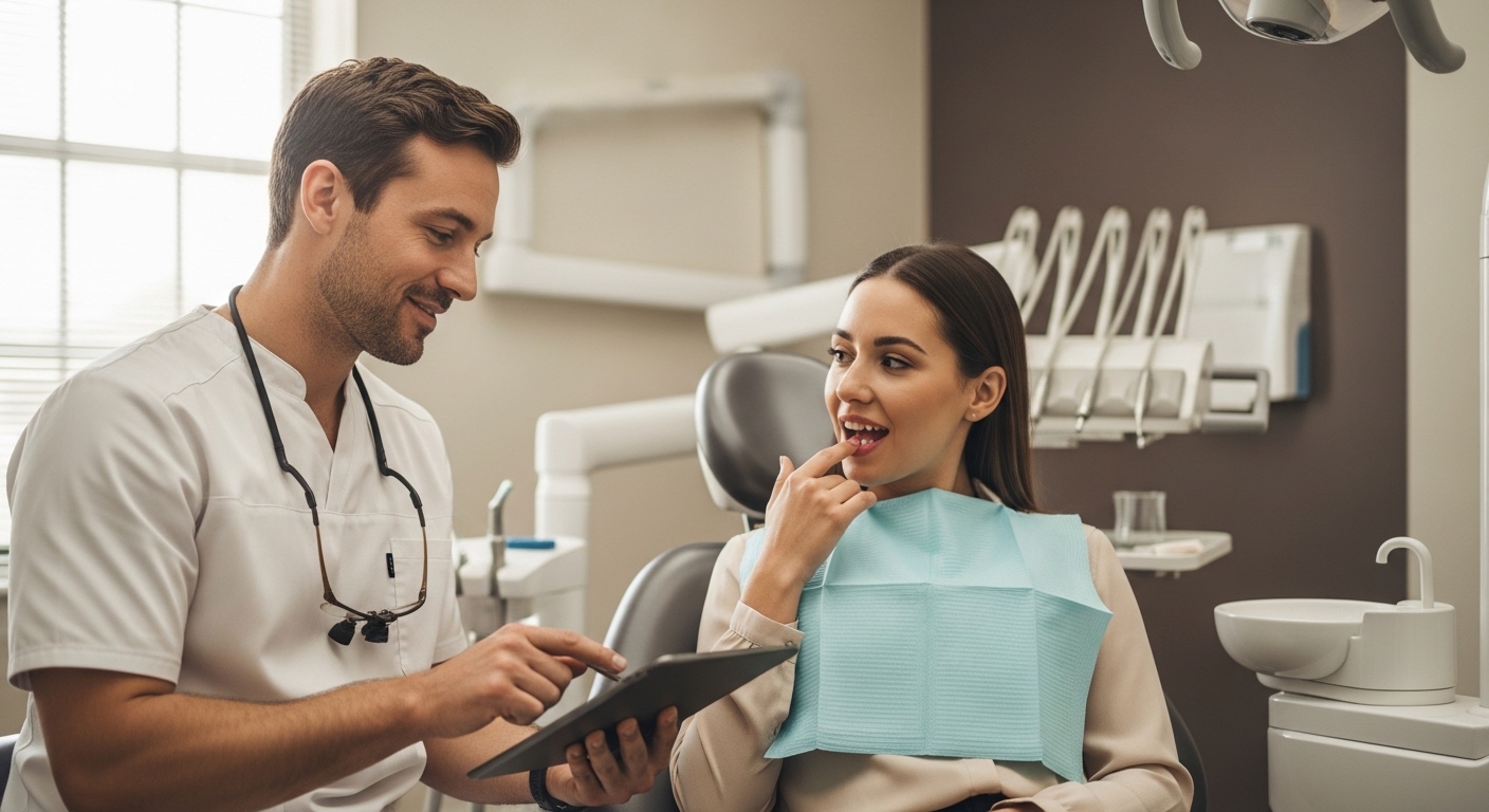 Dentist advising a patient on fixing a chipped tooth in a modern clinic setting.