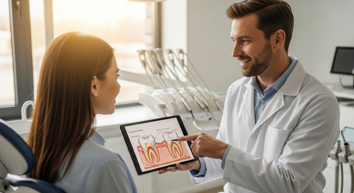 Dentist discussing dental treatments with a patient in a modern clinic
