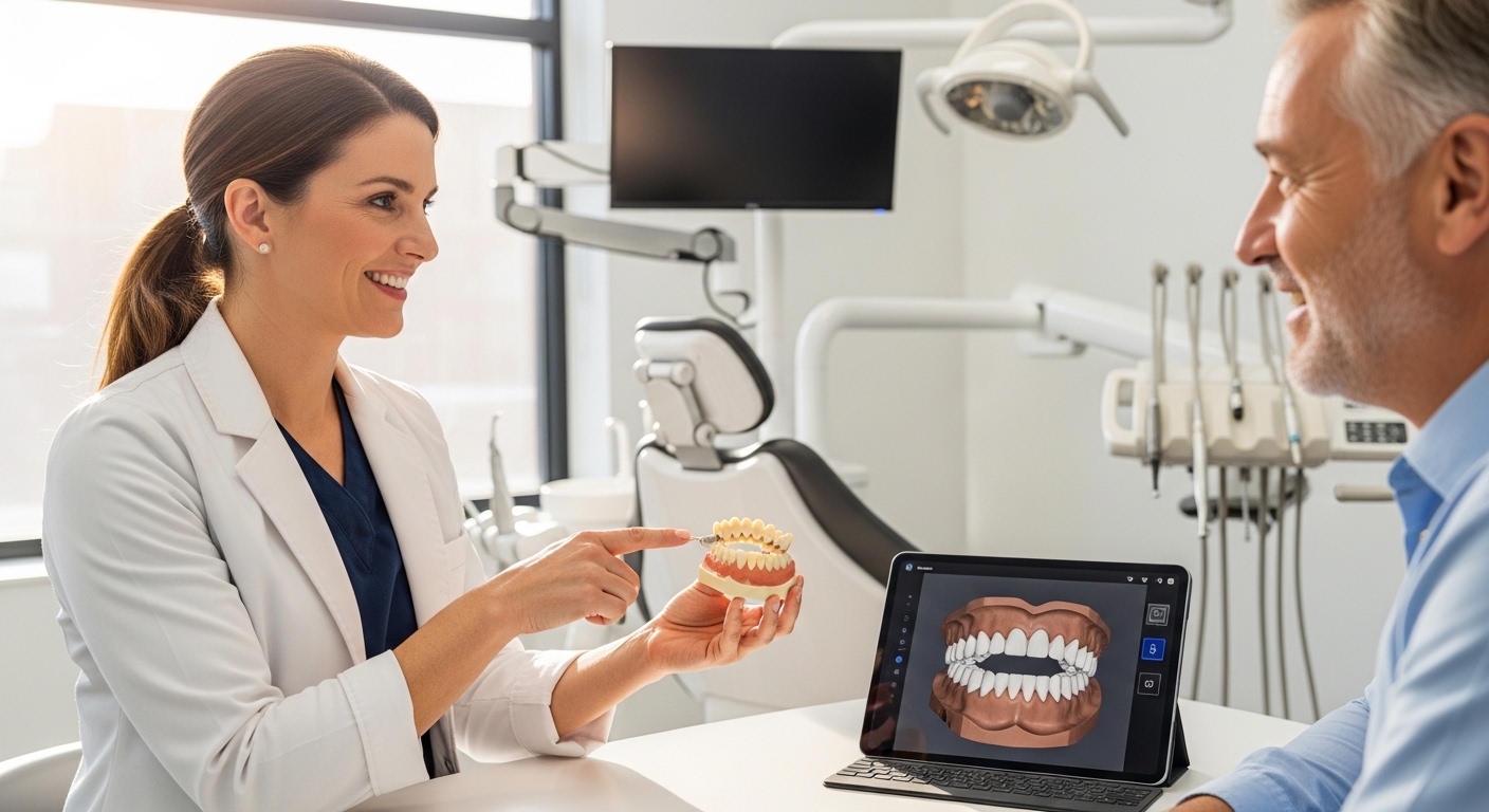 Dentist explaining dental bridge to a patient in a dental office