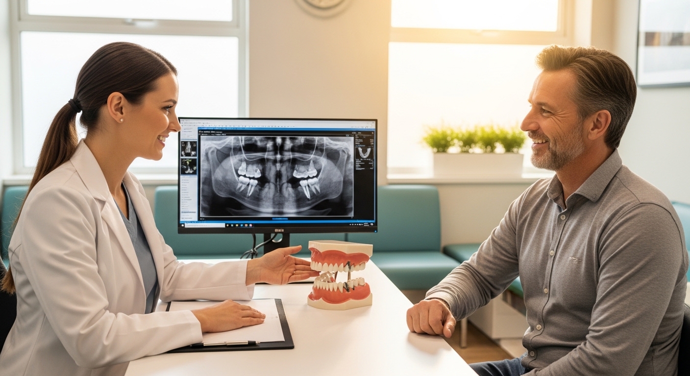 Dentist consulting with a patient about full mouth dental implants