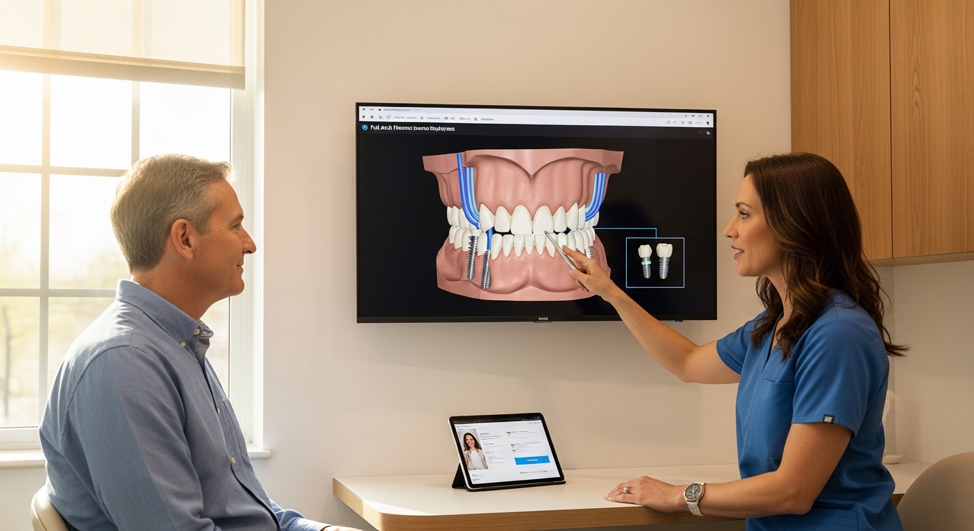 Consultation on full arch dental implants in a dental office setting