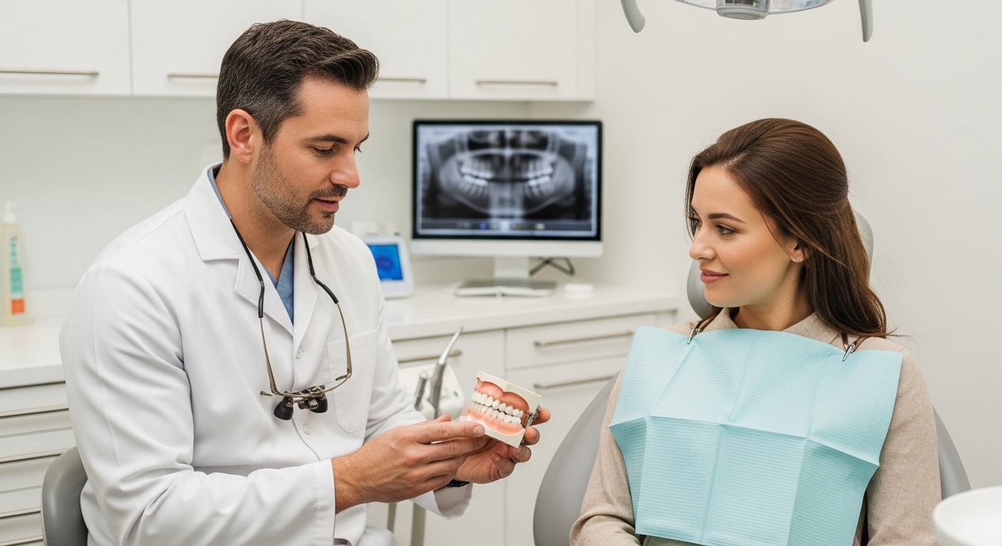 Dentist consulting with a patient about dental implants in a modern clinic