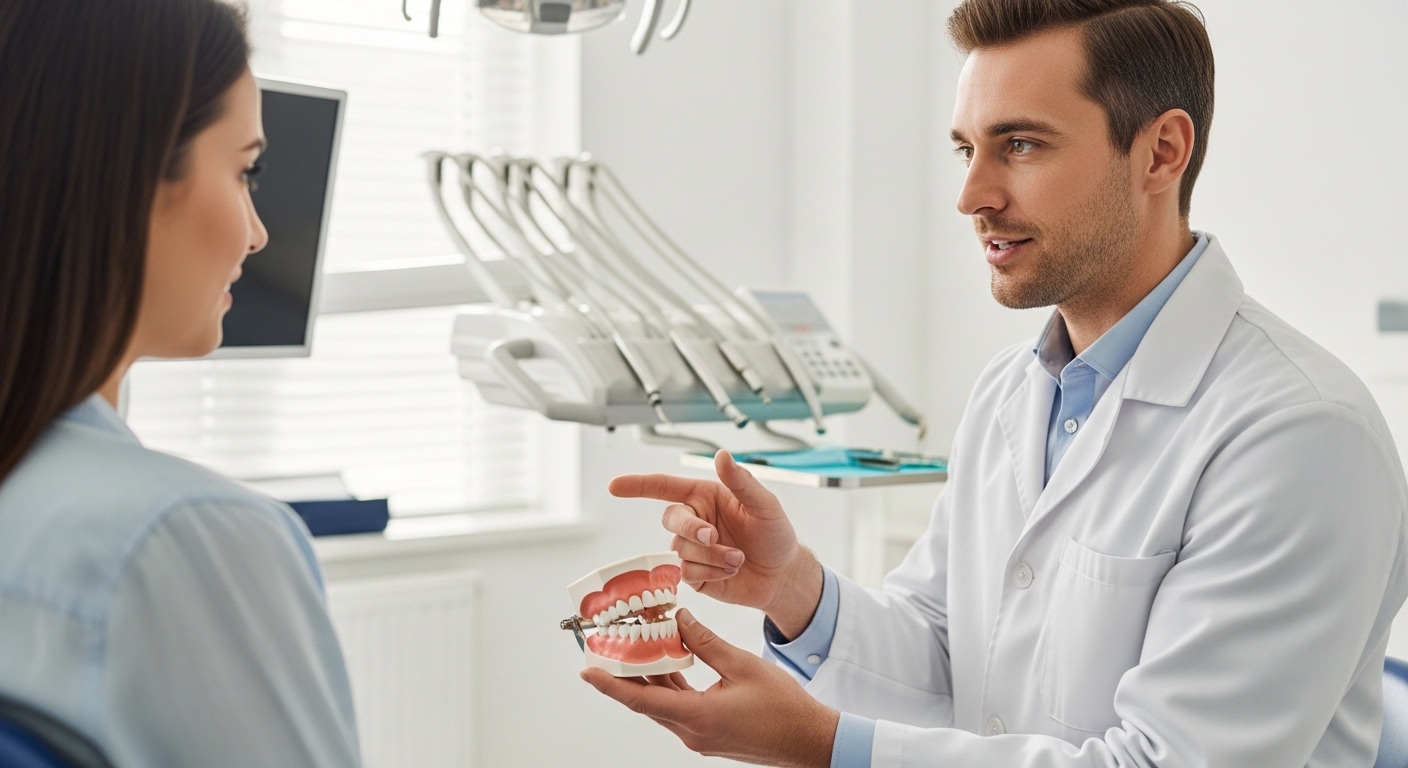 Patient consultation in a dental clinic discussing oral health and implants